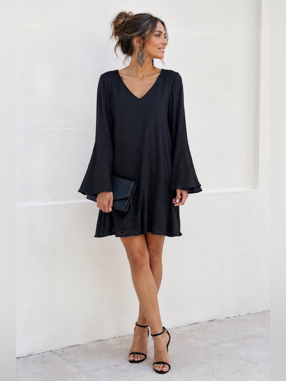 Ella Moss Black V-Neck Bell Sleeve Dress with Eyelet Trim, size M